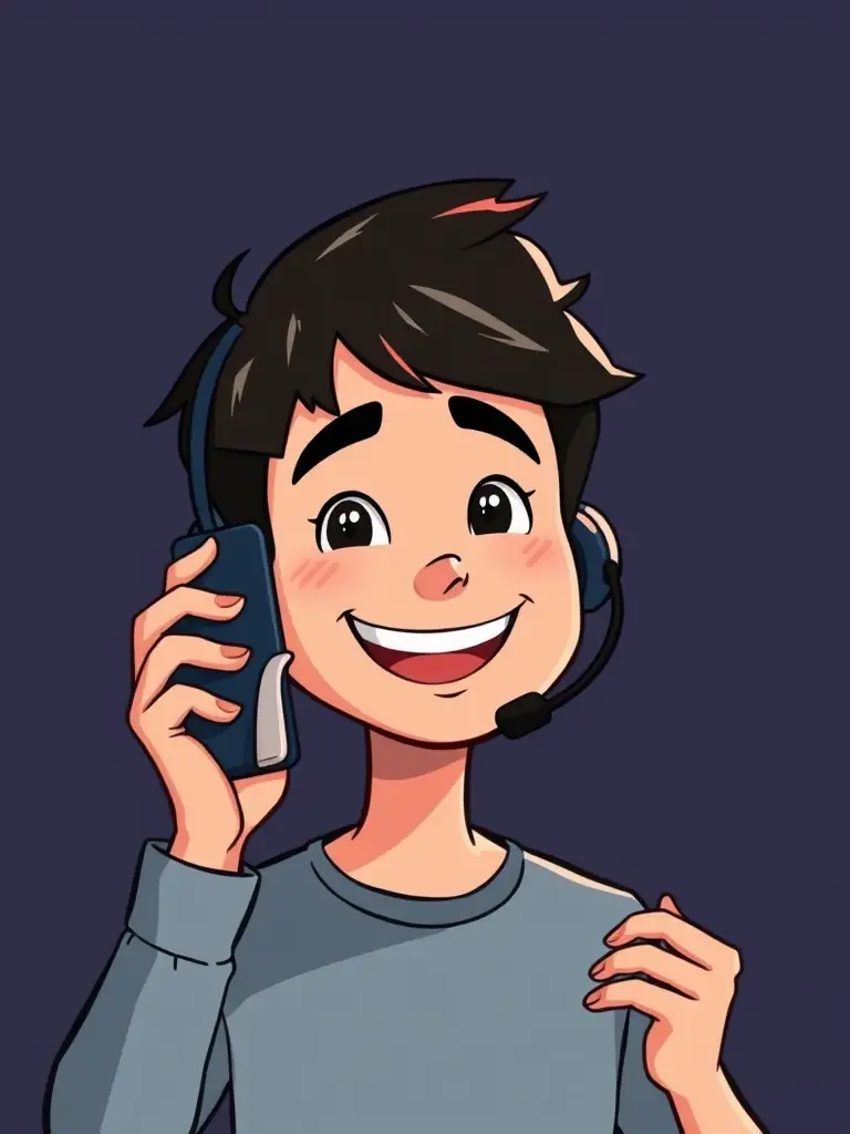 A friendly cartoon illustration of Mario on a phone, smiling and listening attentively. He is wearing a headset and appears to be taking notes.